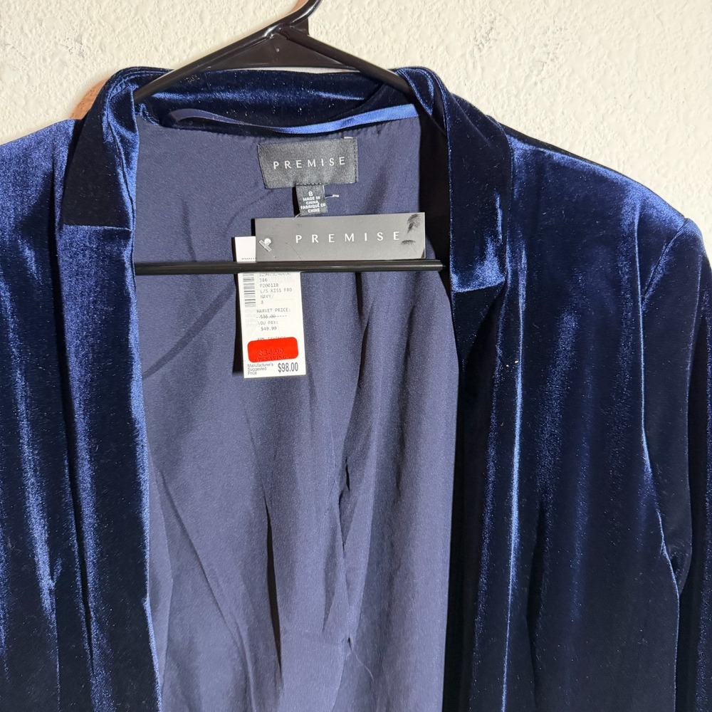 Premise Velvet Blazer Jacket Womens 8 Navy Blue Pockets Long‎ Sleeve Open Front - Picture 6 of 10